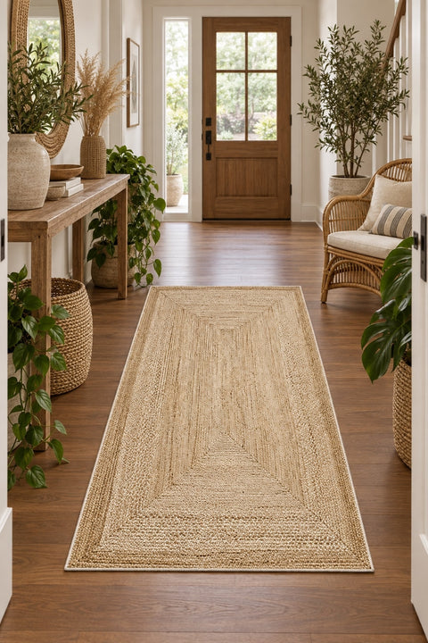 Jute Look Modern Kitchen Rug – Brown in a hallway