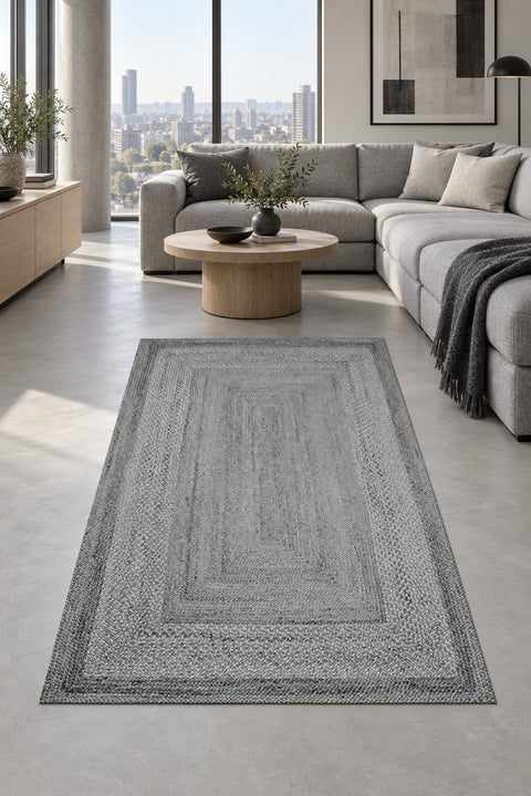 Jute Look Modern Kitchen Rug – Gray in a living room
