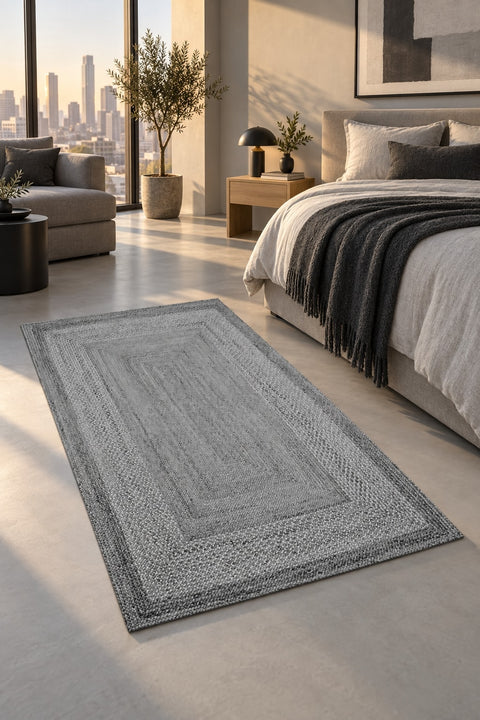 Jute Look Modern Kitchen Rug – Gray in a bedroom