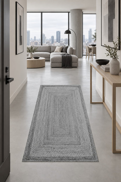 Jute Look Modern Kitchen Rug – Gray in a hallway