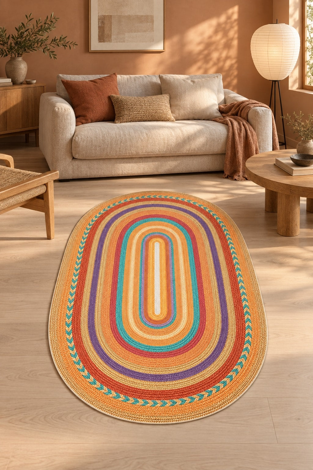 Jute Look Modern Oval Rug – Multicolor in a living room