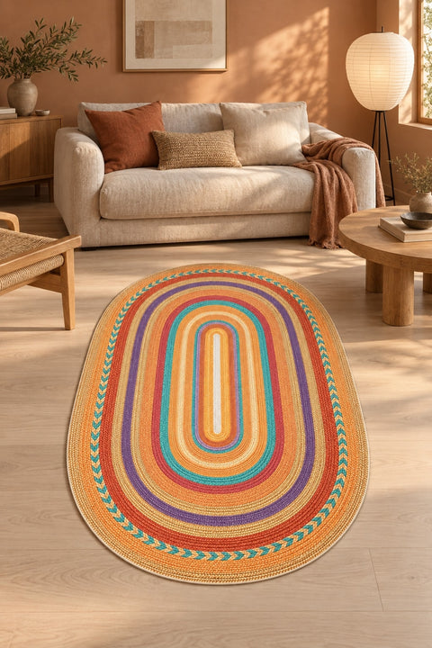 Jute Look Modern Oval Rug – Multicolor in a living room