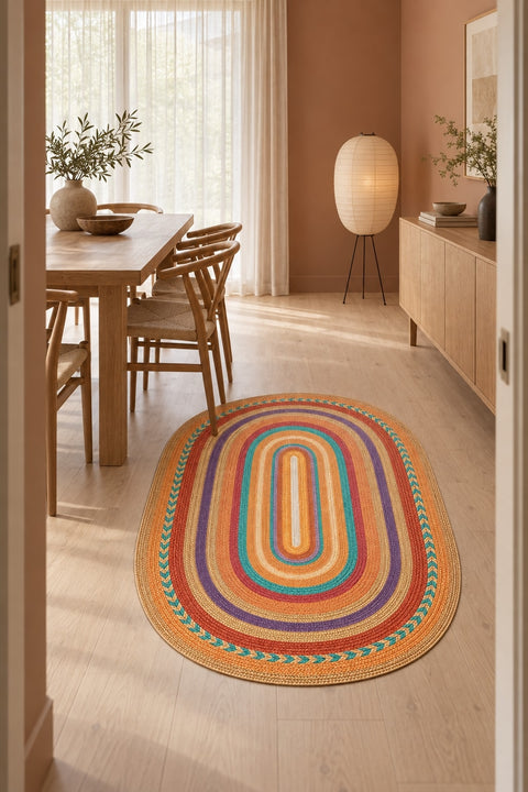 Jute Look Modern Oval Rug – Multicolor in a dining room