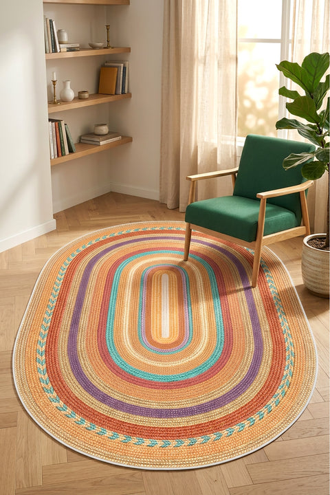 Jute Look Modern Oval Rug – Multicolor in a living room