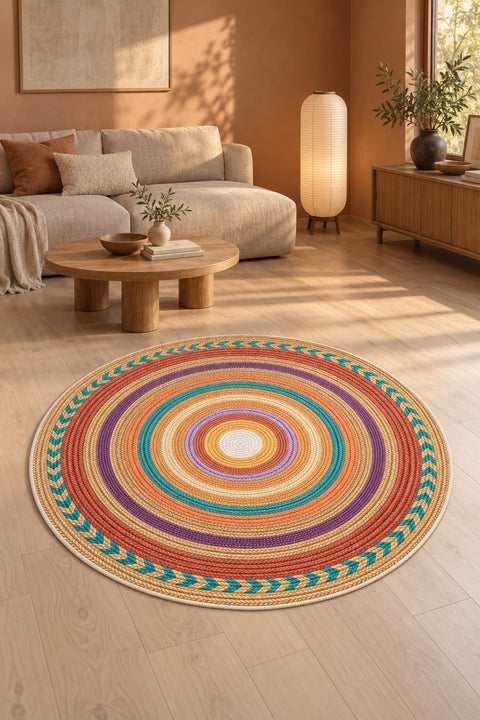 Jute Look Modern Round Rug – Multicolor in a living room