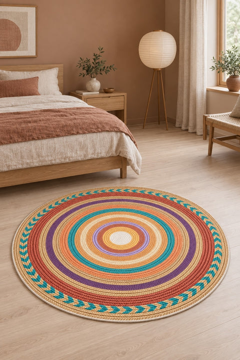Jute Look Modern Round Rug – Multicolor in a bedroom