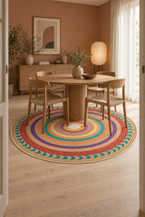 Jute Look Modern Round Rug – Multicolor in a dining room