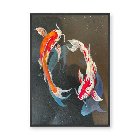Koi Fish Modern Wall Art – Colorful Pair on a Dark Speckled Background