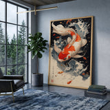 Koi Fish Traditional Wall Art – Orange Koi in Blue-Gray Waves