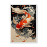 Koi Fish Traditional Wall Art – Orange Koi in Blue-Gray Waves