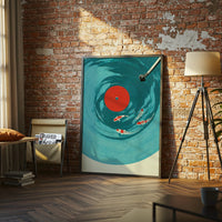 Koi Fish Vinyl Record Home Art – Japanese Style Canvas Print, Wabi Sabi Koi Painting, Cool Oversize Wall Art