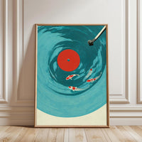 Koi Fish Vinyl Record Home Art – Japanese Style Canvas Print, Wabi Sabi Koi Painting, Cool Oversize Wall Art