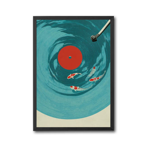 Koi Fish Vinyl Record Home Art – Japanese Style Canvas Print, Wabi Sabi Koi Painting, Cool Oversize Wall Art