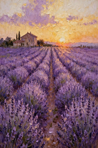 Lavender Field Traditional Wall Art – Farmhouse Sunset Landscape
