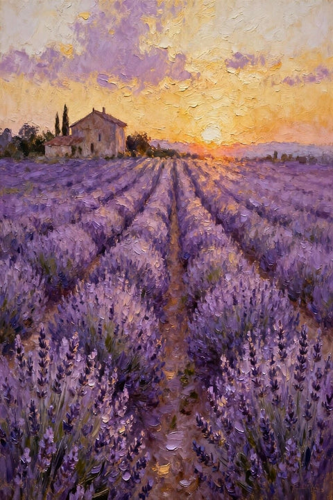 Lavender Field Traditional Wall Art – Farmhouse Sunset Landscape