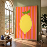 Lemon Pop Art Wall Art – Bright Citrus on Pink Orange Stripes