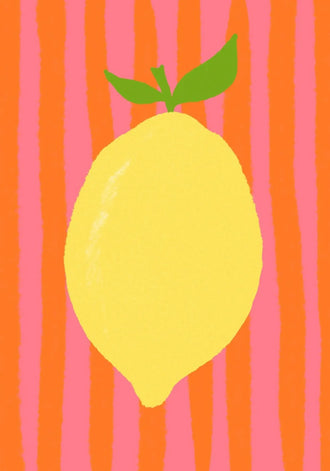 Lemon Pop Art Wall Art – Bright Citrus on Pink Orange Stripes