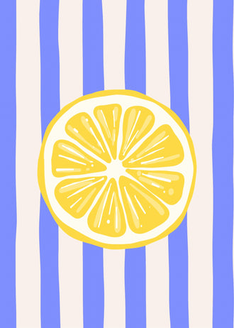Lemon Slice Modern Wall Art – Blue and Cream Striped Citrus Print
