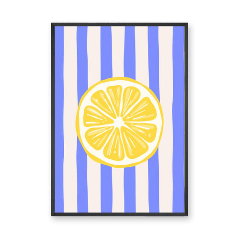 Lemon Slice Modern Wall Art – Blue and Cream Striped Citrus Print