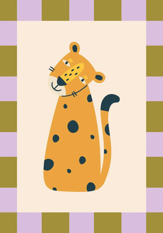 Leopard Kids Wall Art – Cute Spotted Cat with Checkerboard Border