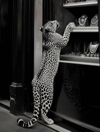 Leopard Photography Modern Wall Art – Black-and-White Window Shopping