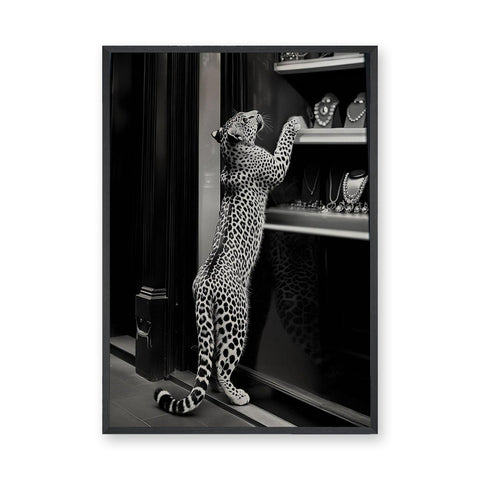 Leopard Photography Modern Wall Art – Black-and-White Window Shopping