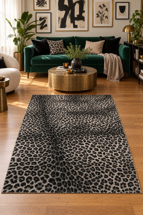 Leopard Plush Area Rug in a living room