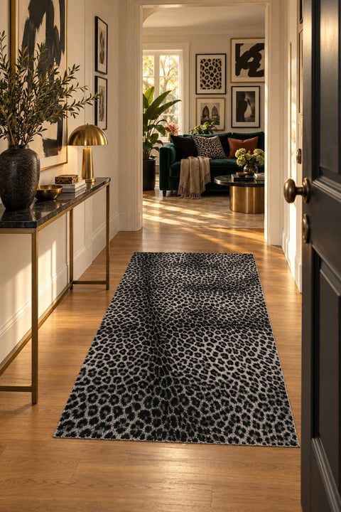 Leopard Plush Area Rug in a hallway