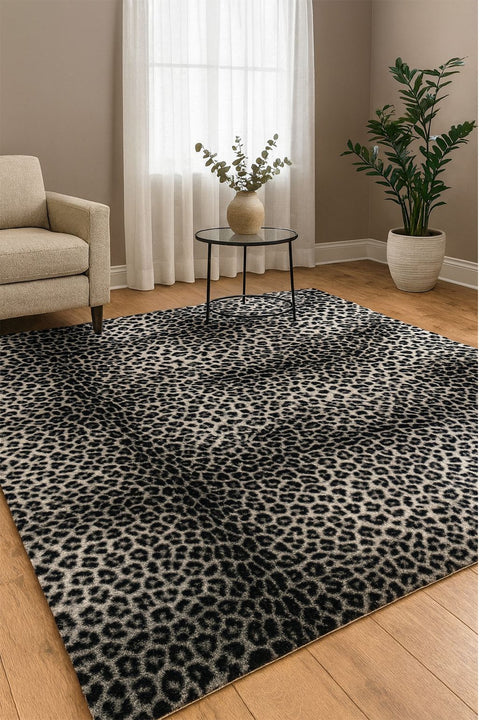 Leopard Plush Area Rug in a living room