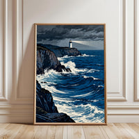 Lighthouse and Stormy Sea Aesthetic Print | Coastal Ocean Wall Print