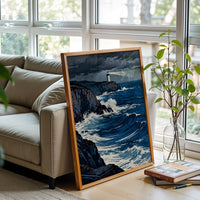 Lighthouse and Stormy Sea Aesthetic Print | Coastal Ocean Wall Print