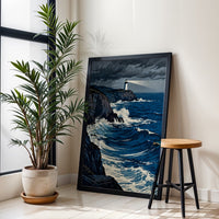 Lighthouse and Stormy Sea Aesthetic Print | Coastal Ocean Wall Print