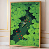 Lily Pond Boat Botanical Wall Art – Rowboat with Koi and Lily Pads