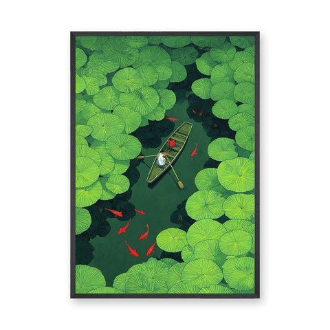 Lily Pond Boat Botanical Wall Art – Rowboat with Koi and Lily Pads