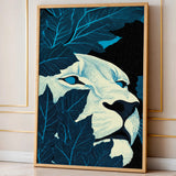Lion Botanical Wall Art – Cream Face Hidden in Dark Blue Leaves