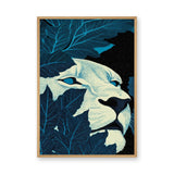 Lion Botanical Wall Art – Cream Face Hidden in Dark Blue Leaves