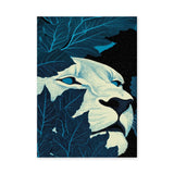 Lion Botanical Wall Art – Cream Face Hidden in Dark Blue Leaves