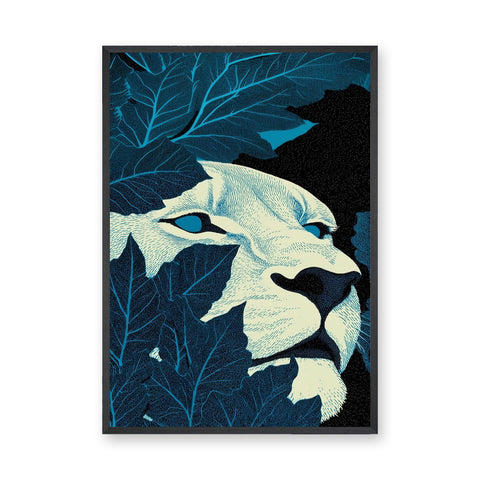 Lion Botanical Wall Art – Cream Face Hidden in Dark Blue Leaves