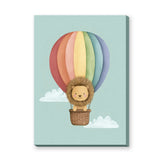 Lion Hot Air Balloon Nursery Wall Art – Pastel Rainbow Cloud Ride