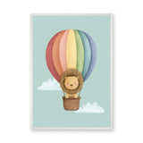 Lion Hot Air Balloon Nursery Wall Art – Pastel Rainbow Cloud Ride