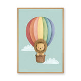 Lion Hot Air Balloon Nursery Wall Art – Pastel Rainbow Cloud Ride