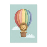 Lion Hot Air Balloon Nursery Wall Art – Pastel Rainbow Cloud Ride