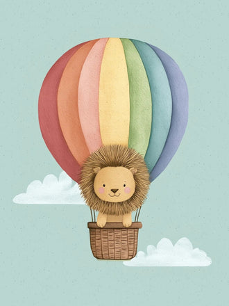 Lion Hot Air Balloon Nursery Wall Art – Pastel Rainbow Cloud Ride