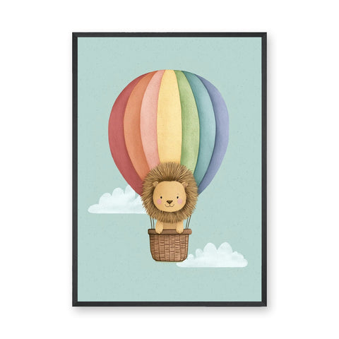 Lion Hot Air Balloon Nursery Wall Art – Pastel Rainbow Cloud Ride