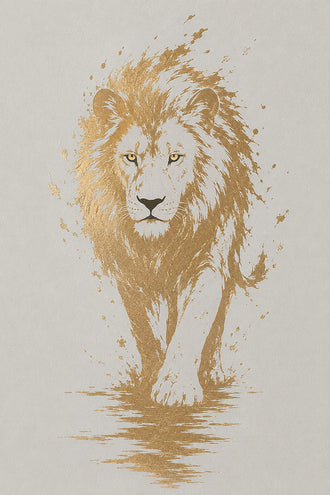Lion Modern Abstract Wall Art – Gold Splatter Walking Portrait