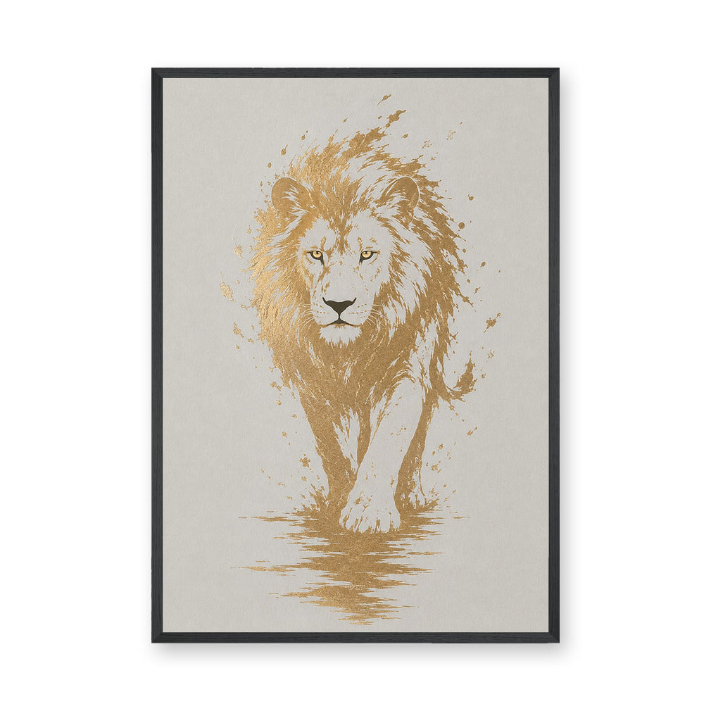Lion Modern Abstract Wall Art – Gold Splatter Walking Portrait