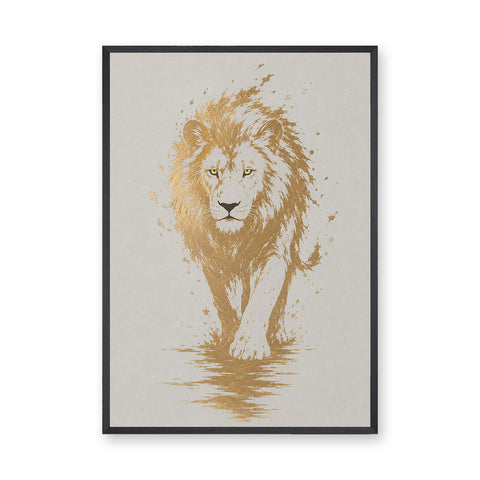Lion Modern Abstract Wall Art – Gold Splatter Walking Portrait