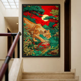 Lioness Jungle Maximalist Wall Art – Red Sky Moonlit Pool