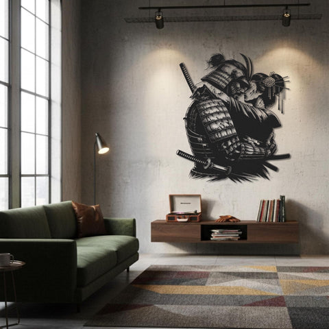 Japanese Samurai & Geisha Embrace Metal Wall Art