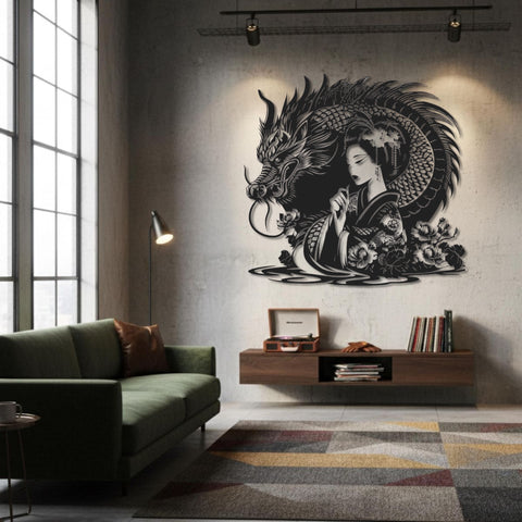 Dragon & Geisha Metal Wall Art